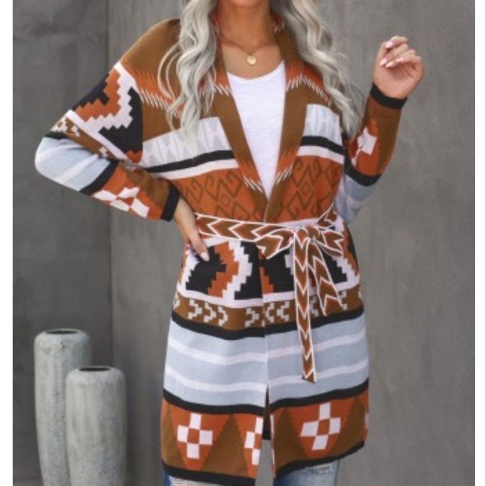 New Arrival!! Aztec open front cardigan with belt. - Picture 3 of 5